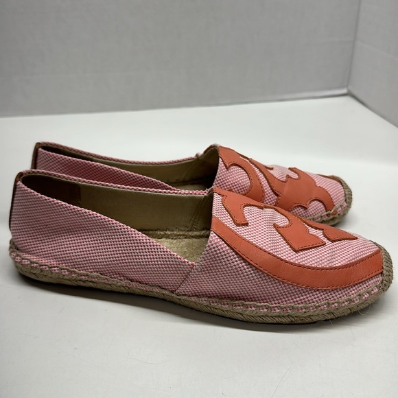 Tory Burch Lonnie Espadrille Flats Slip On Canvas Jute Shoes Pink Tan Size 9.5 - Picture 2 of 10
